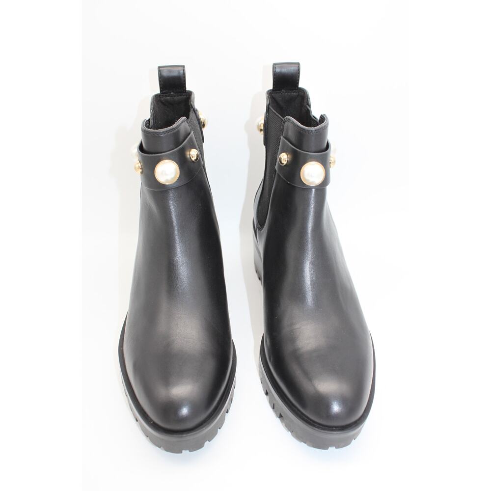 NWT Karl Lagerfeld Paris Pola Black Smooth Calf Lea Gold Pearl Boots Size 7.5M